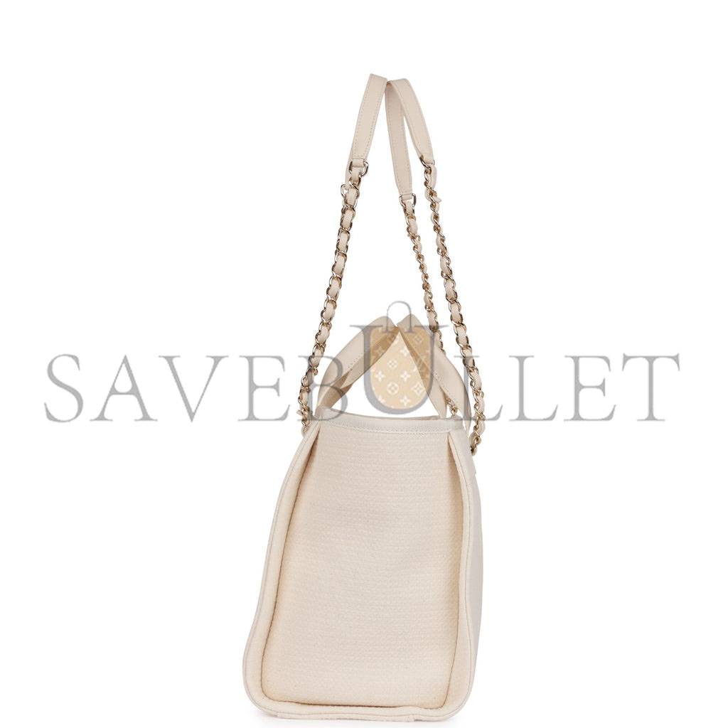 Ch*el small deauville shopping bag white boucle light gold hardware (34*27*15cm)