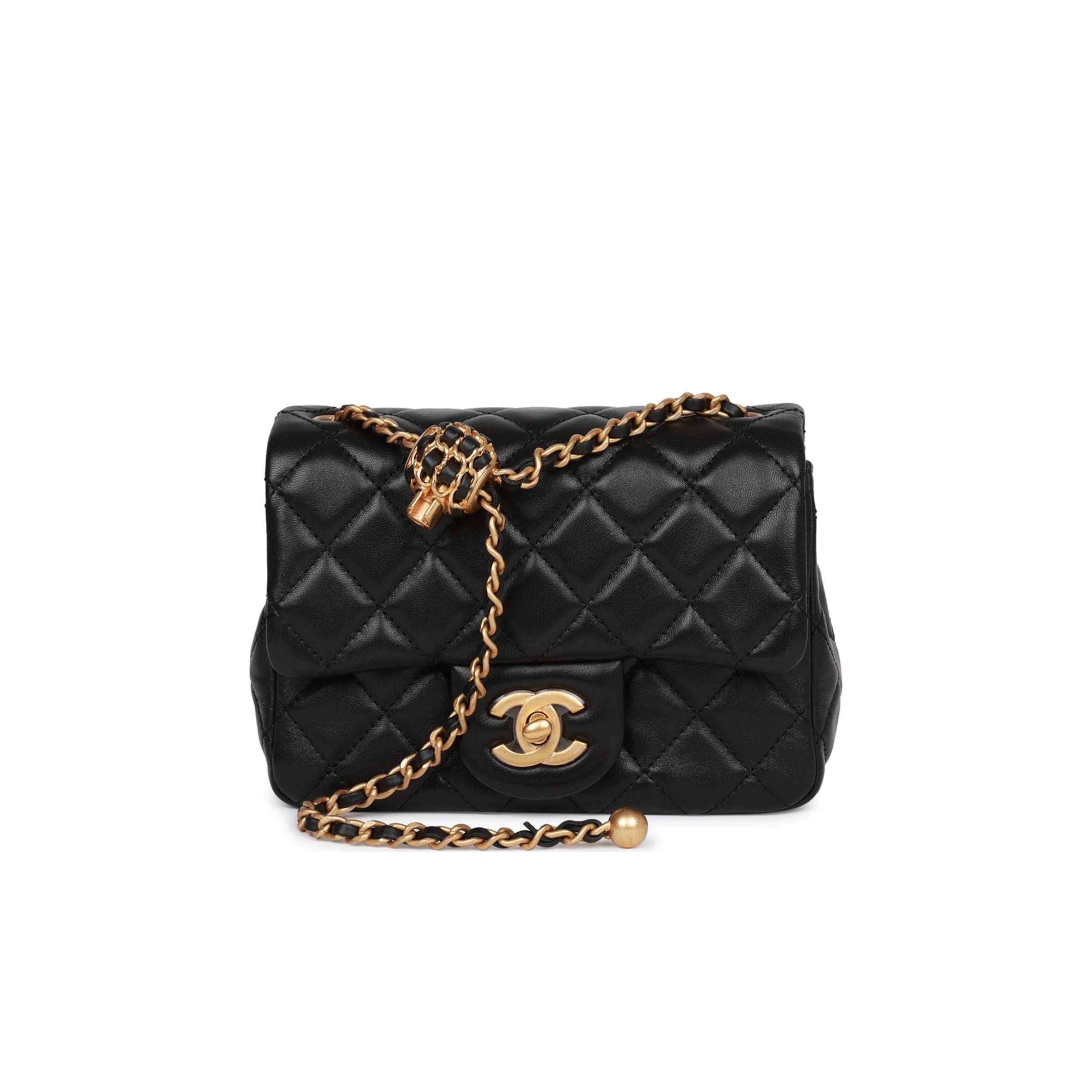 Ch*el pearl crush mini square flap bag black lambskin antique gold hardware (17*14*8cm)