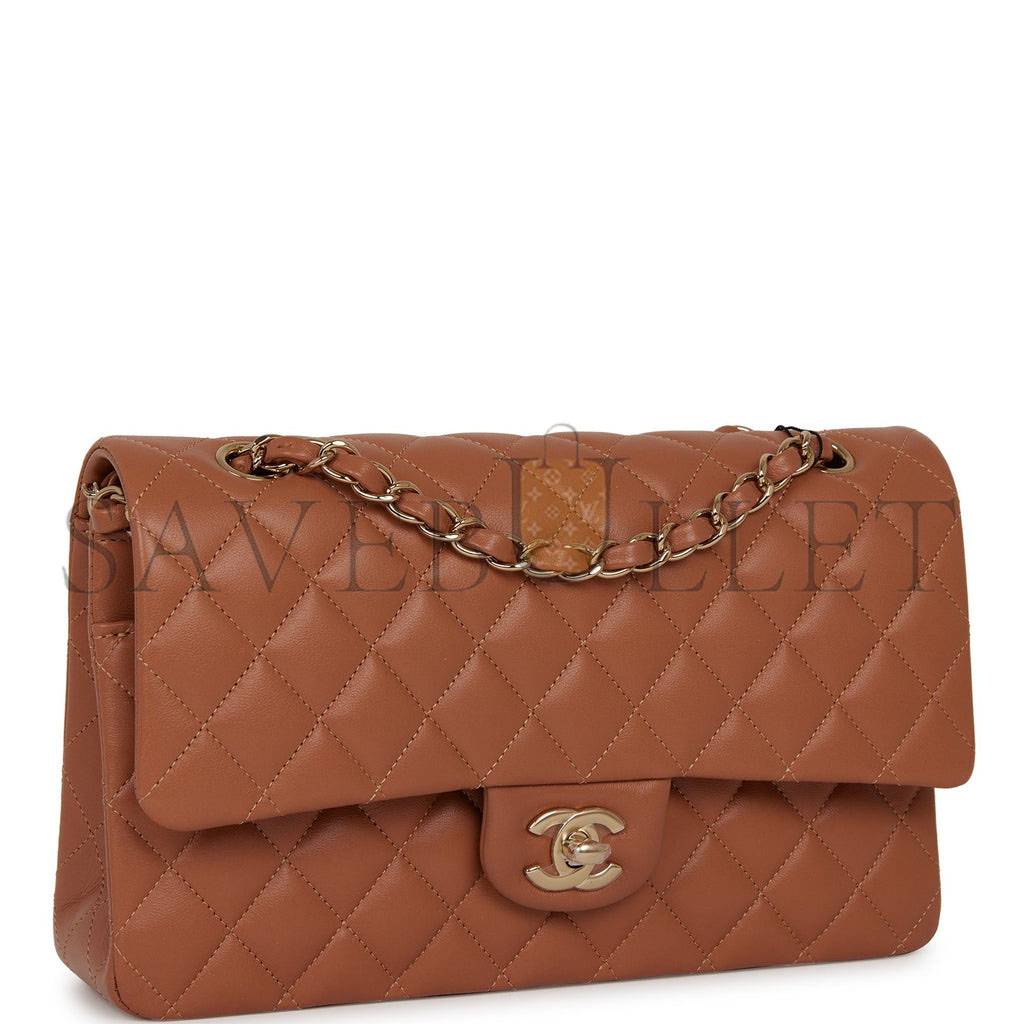 Ch*el medium classic double flap bag caramel lambskin light gold hardware (25*15*7cm)
