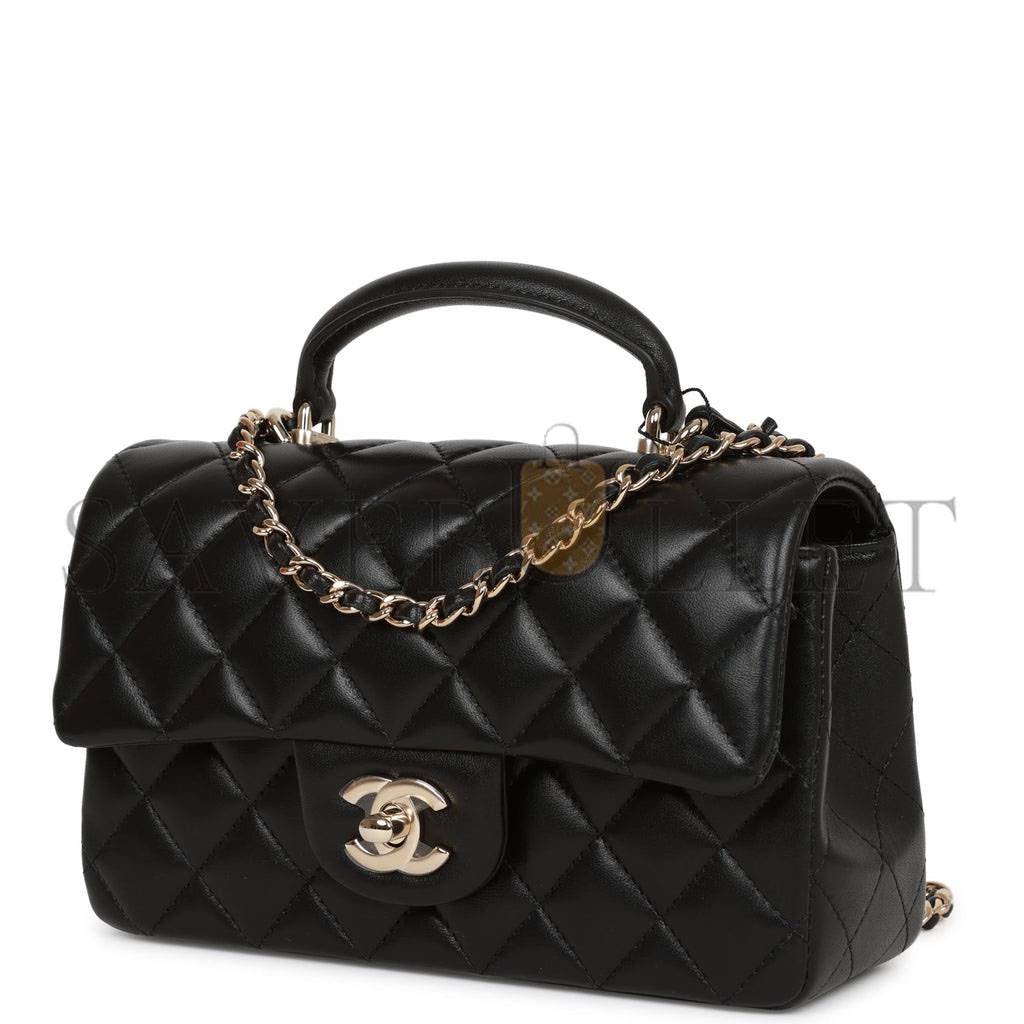 Ch*el mini rectangular flap bag with top handle black lambskin light gold hardware (22*15*8cm)