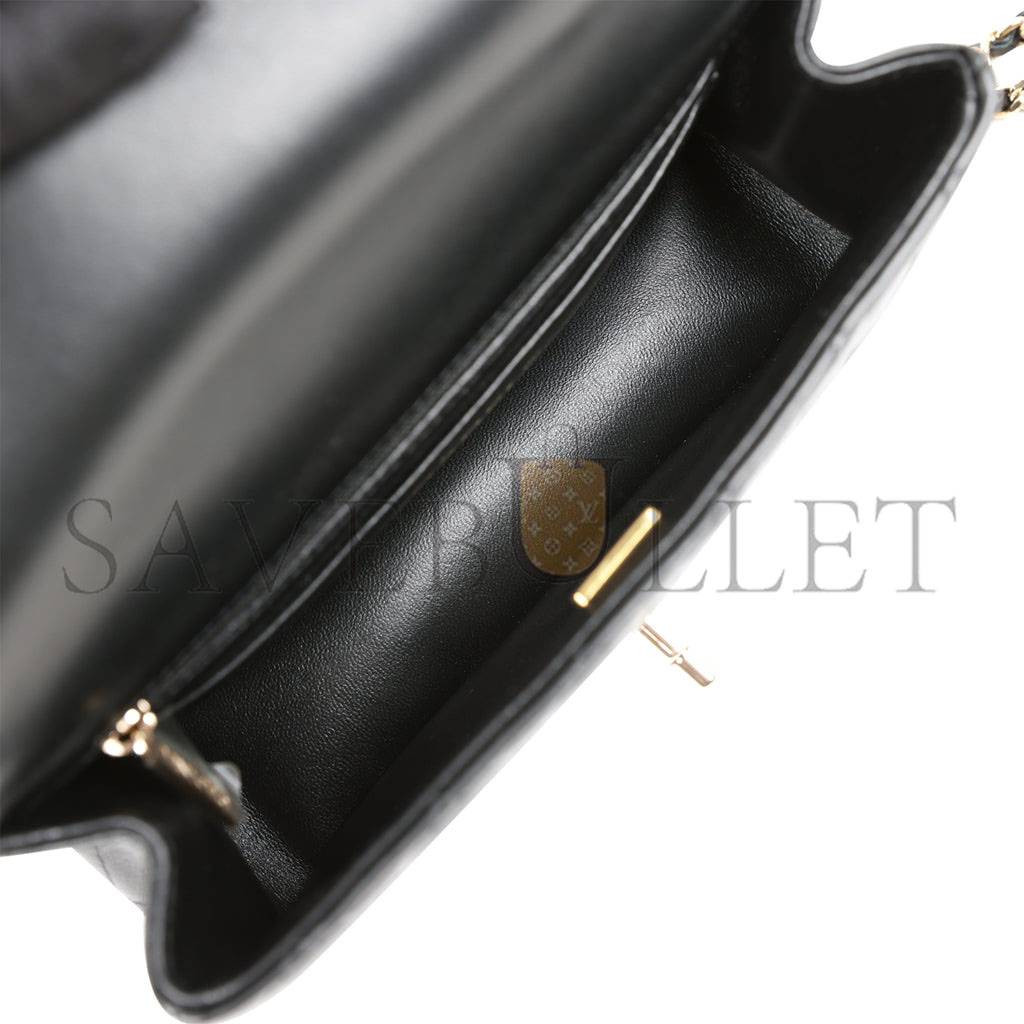 Ch*el mini rectangular flap bag with top handle black lambskin light gold hardware (22*15*8cm)