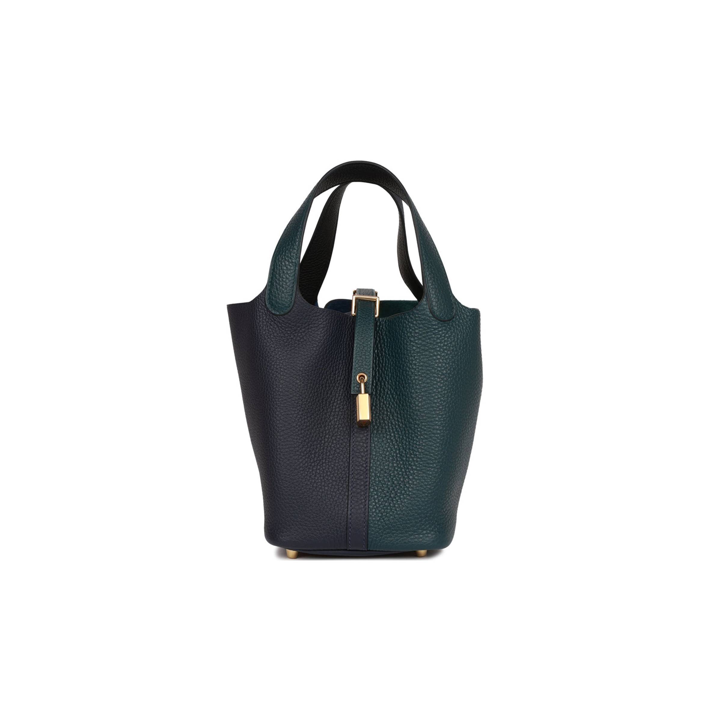 H**mes picotin lock 18 casaque vert cypress, bleu nuit and black clemence gold hardware(18*13*18cm)