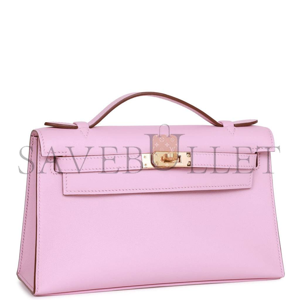 H**mes kelly pochette mauve sylvestre swift rose gold hardware  (22*12*13cm)