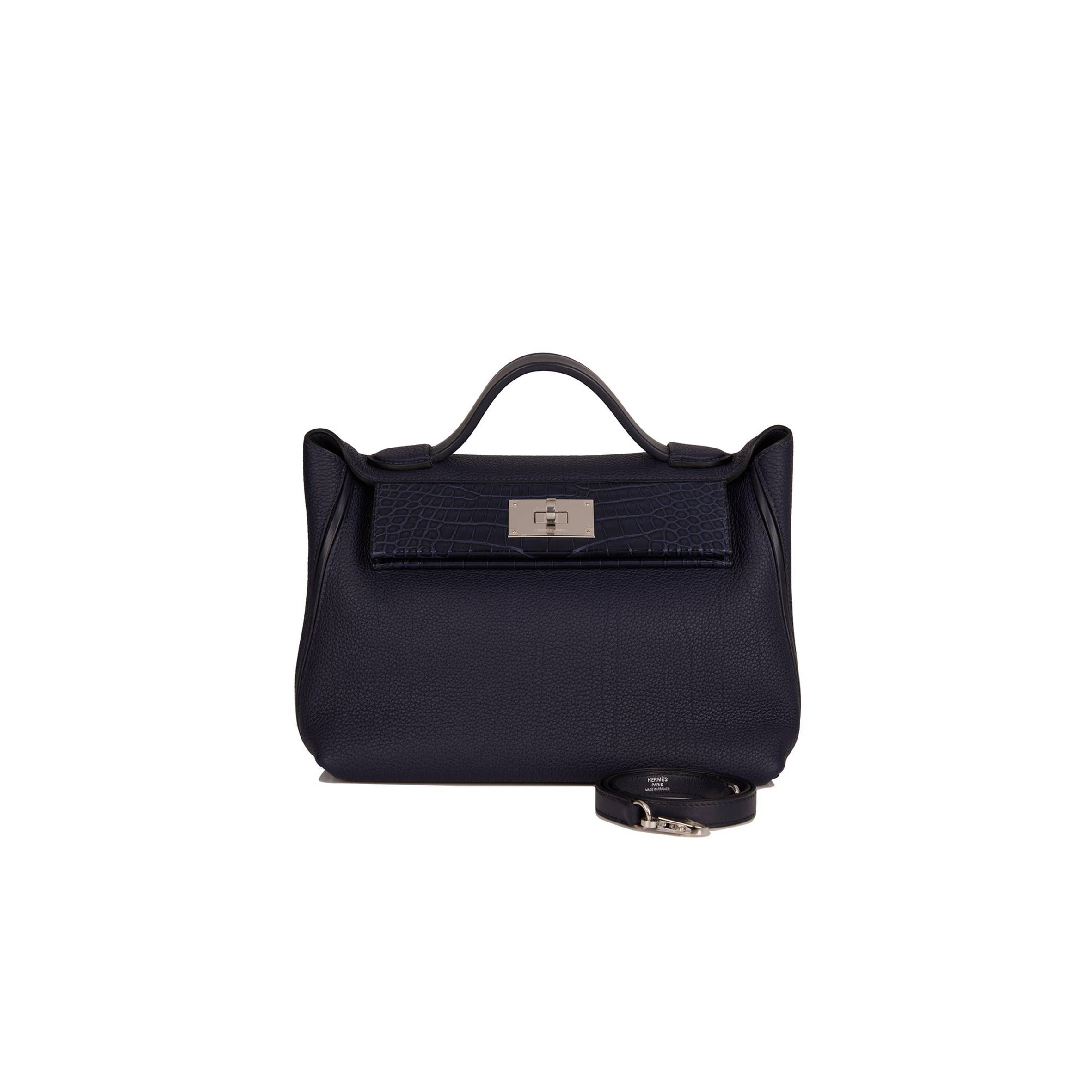 H**mes 2424 bag 29 bleu nuit alligator and togo touch palladium hardware (29*24*15cm)