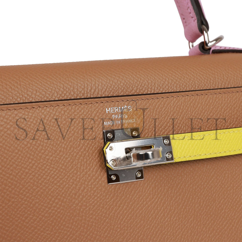 H**mes kelly sellier 25 tri-color chai, lime and mauve sylvestre epsom palladium hardware(25*17*7cm)