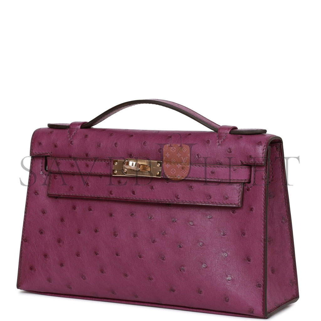 H**mes kelly pochette anemone ostrich permabrass hardware  (22*12*13cm)