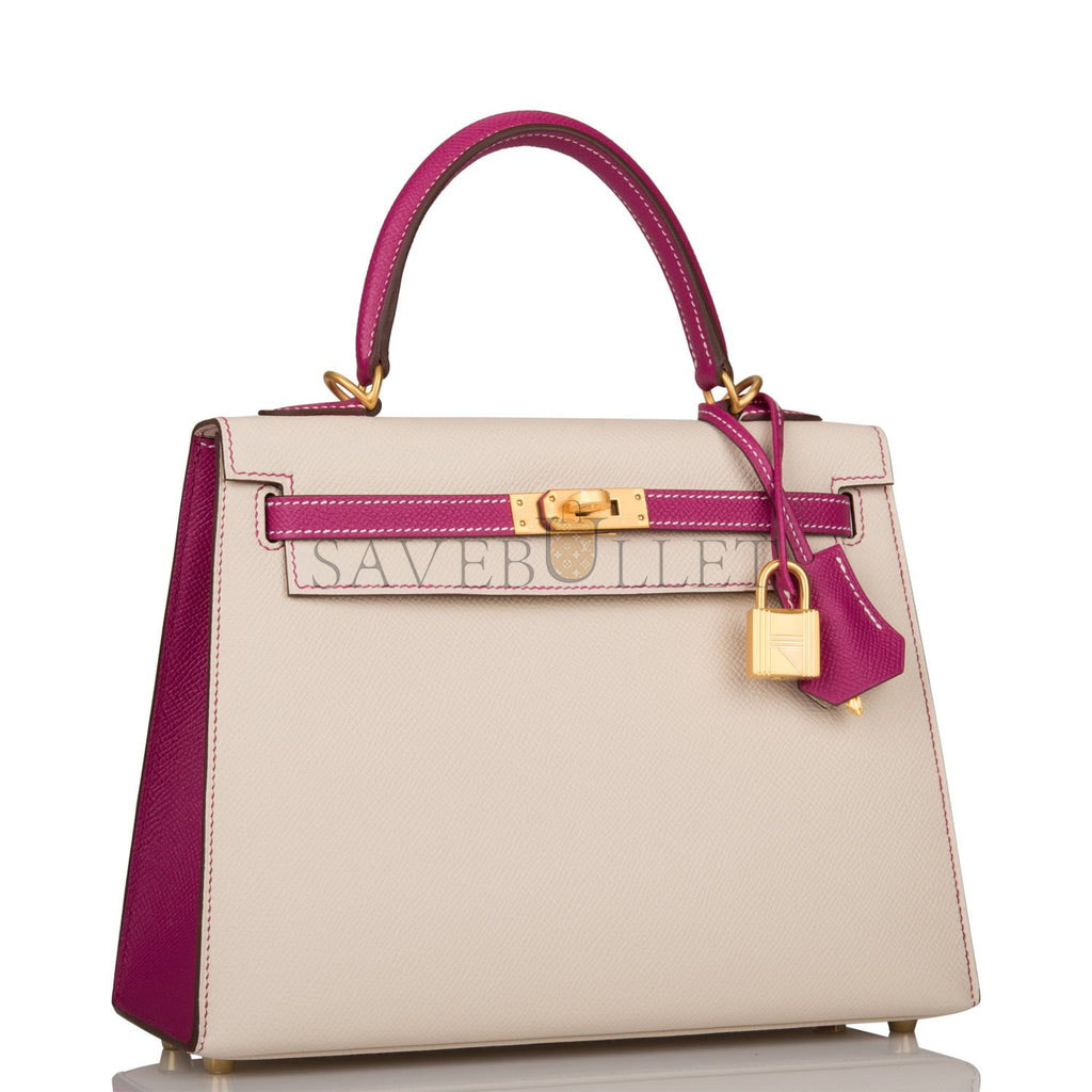 H**mes special order (hss) kelly sellier 25 rose pourpre and craie epsom brushed gold hardware handmade(25*17*7cm)