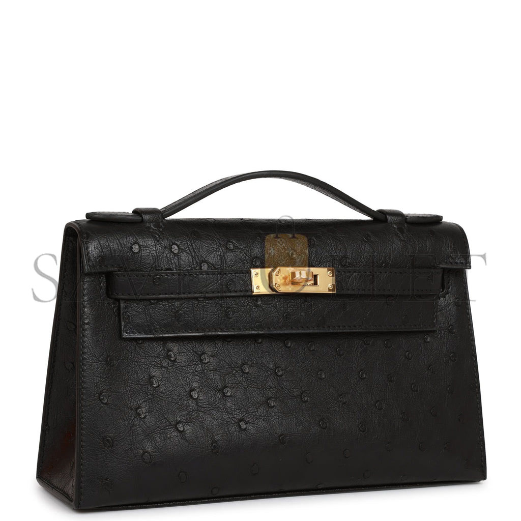 H**mes kelly pochette black ostrich gold hardware   (22*12*13cm)