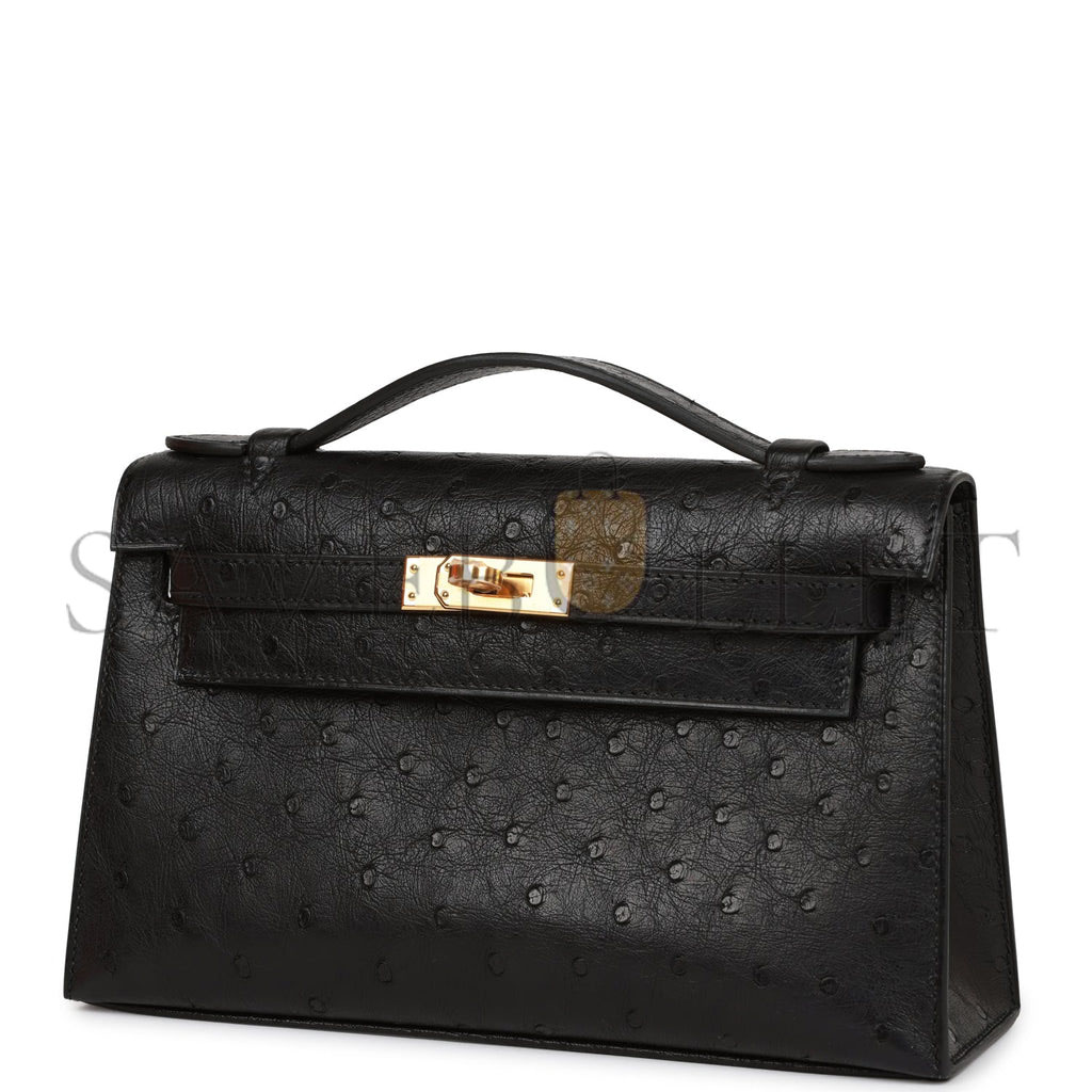 H**mes kelly pochette black ostrich gold hardware   (22*12*13cm)