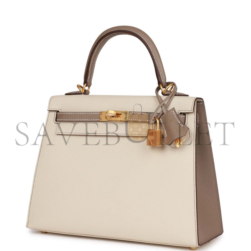 H**mes special order (hss) kelly sellier 25 craie and gris asphalte epsom brushed gold hardware handmade (25*17*7cm)