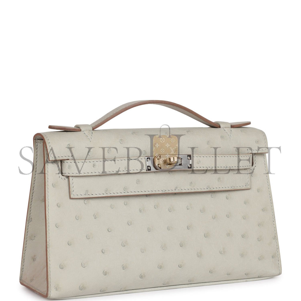H**mes mini kelly pochette gris perle ostrich palladium hardware  (22*14*7cm)