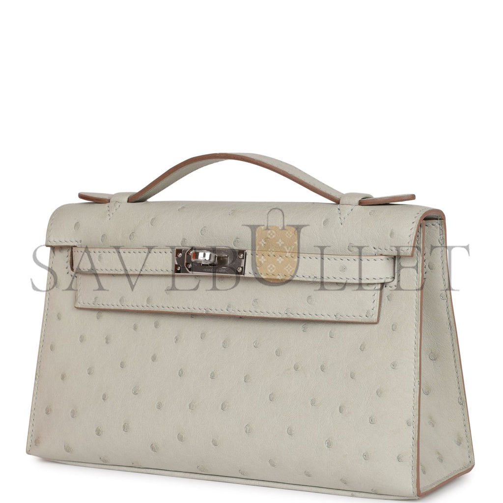 H**mes mini kelly pochette gris perle ostrich palladium hardware  (22*14*7cm)