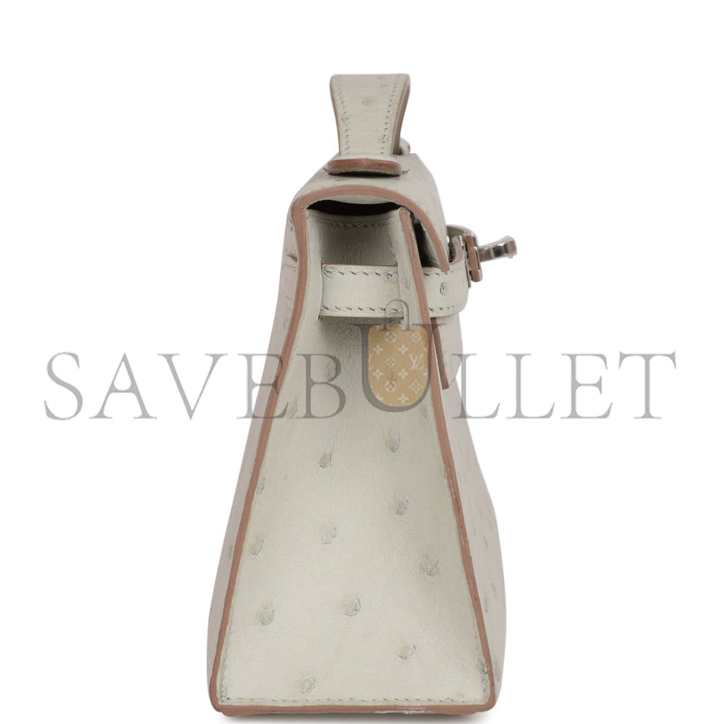 H**mes mini kelly pochette gris perle ostrich palladium hardware  (22*14*7cm)