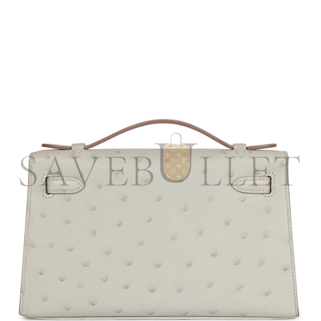 H**mes mini kelly pochette gris perle ostrich palladium hardware  (22*14*7cm)