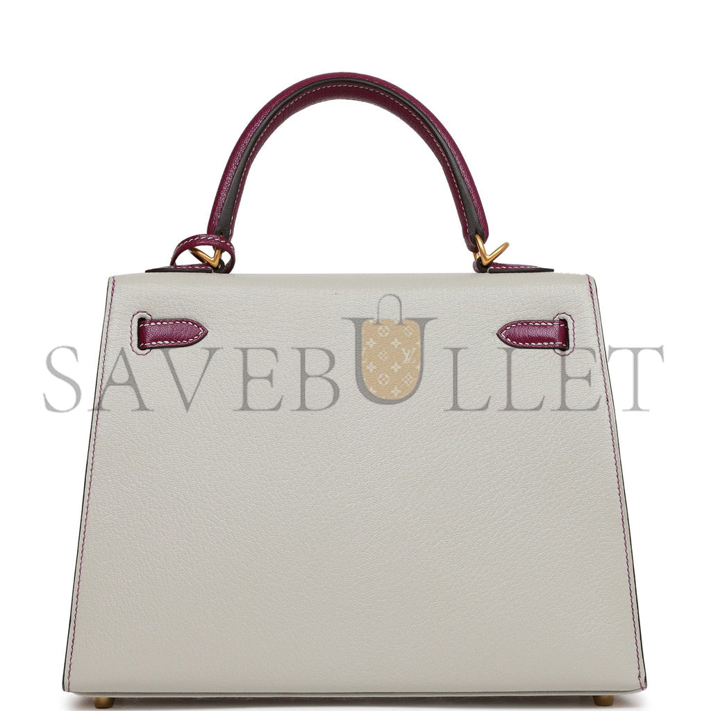 H**mes special order (hss) kelly sellier 25 gris perle and anemone chevre brushed gold hardware handmade(25*17*7cm)