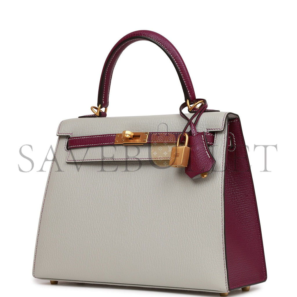 H**mes special order (hss) kelly sellier 25 gris perle and anemone chevre brushed gold hardware handmade(25*17*7cm)