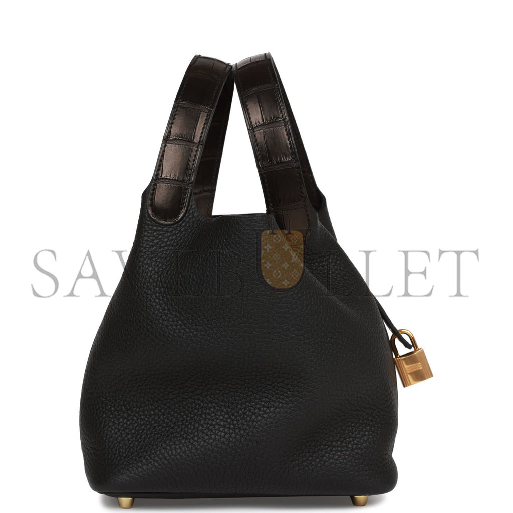 H**mes picotin lock 18 black matte alligator and clemence touch gold hardware (18*13*18cm)
