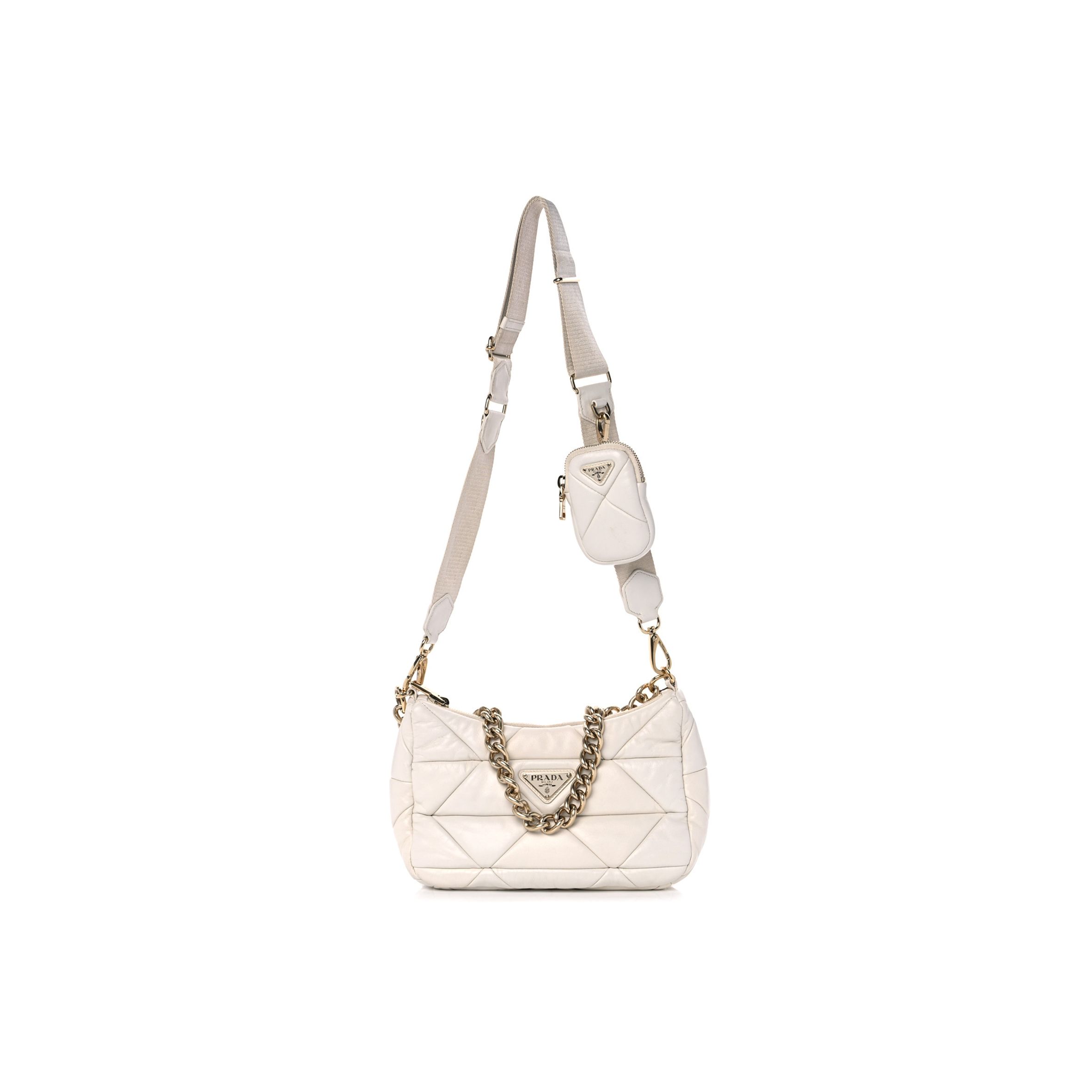 Pra*a nappa nylon quilted patchwork system flap bag white (20*15*8cm)