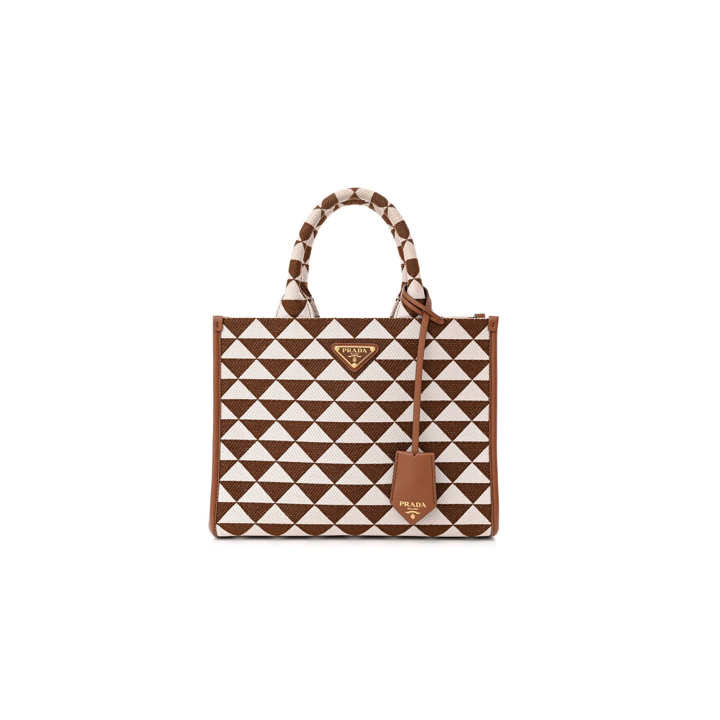 Pra*a jacquard saffiano triangolo symbole embroidered small tote tobacco talco (28*22*9cm)