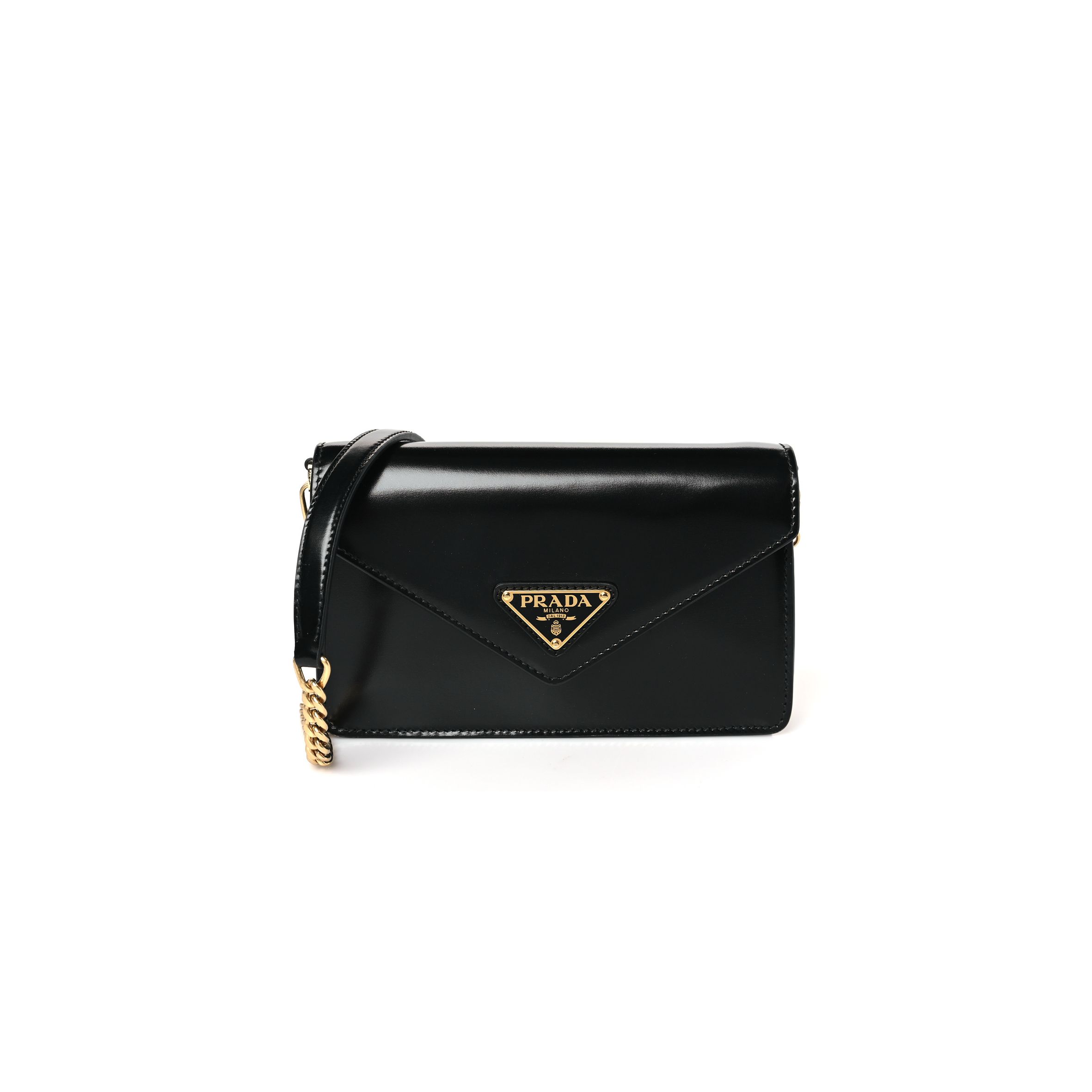 Pra*a brushed calfskin envelope chain crossbody flap black (19*13*5cm)