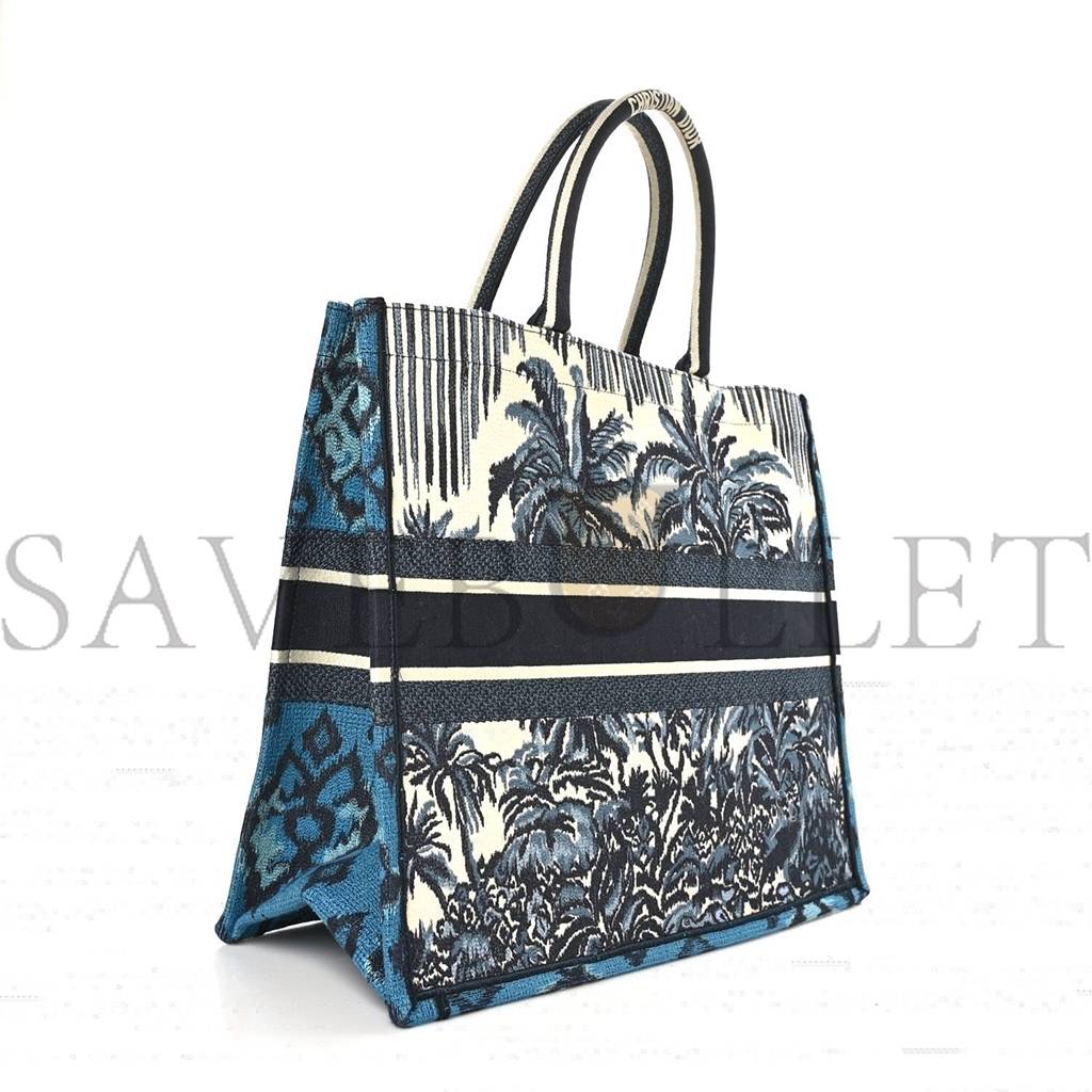 D*or canvas embroidered large palm tree toile de jouy book tote blue multicolor (42*35*17.1cm)
